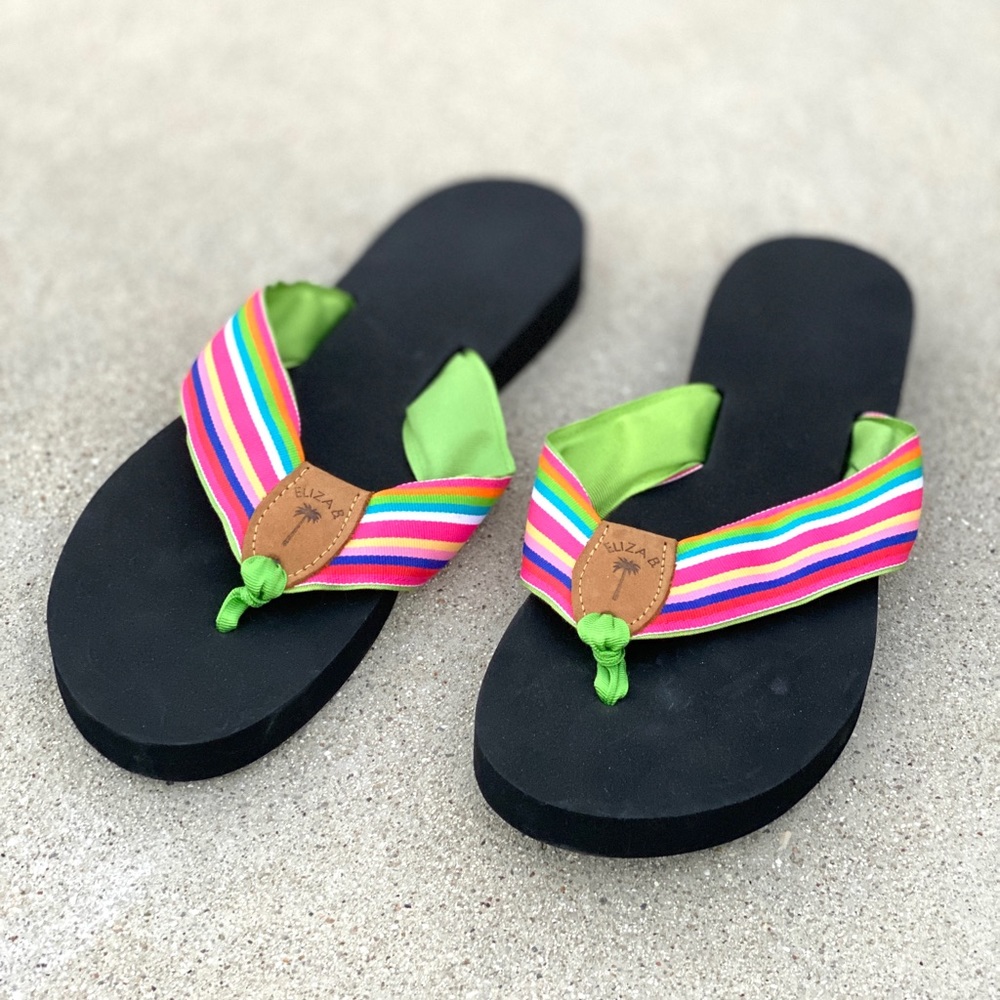 ELIZA B. Flip flops thongs sandals striped bright straps slide on black foam 13